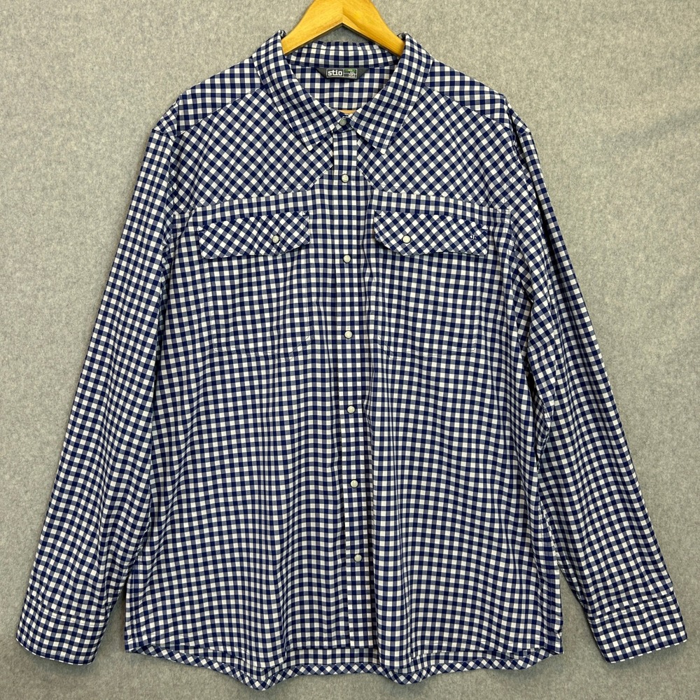 Stio Eddy Shirt Royal Blue White Gingham Western Snap Front Long Sleeve Mens XXL